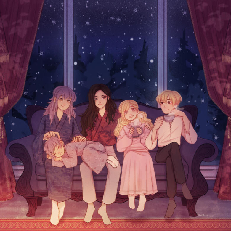 Takumi, Akira, Forrest, and Leo all sitting on a couch on a cold winter night. Forrest and Leo have hot drinks. Takumi is lovingly stroking a sleeping Kiragi's head on his lap.