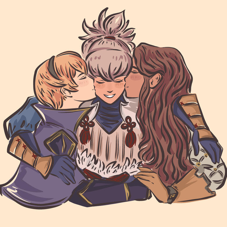 Leo and Akira on each side of Takumi giving his cheeks a kiss.