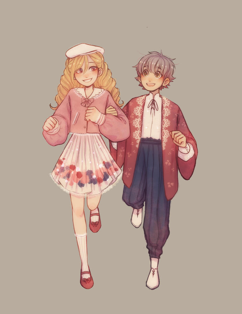 Forrest and Kiragi dressed in fashionable clothes and walking together. Kiragi has one arm looped around one of Forrest's.