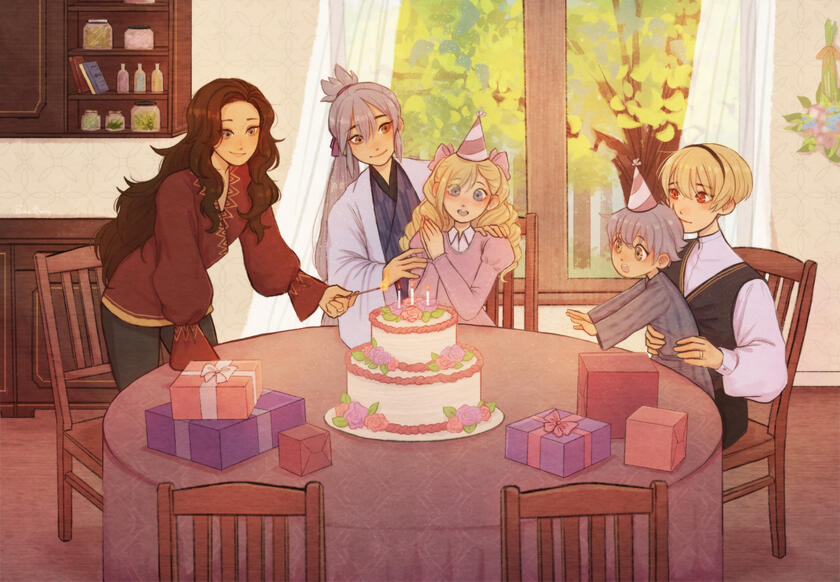 Akira, Takumi, Forrest, Leo, and Kiragi all gathered around the dinner table for Forrest's birthday. Akira is lighting the candles on the cake. Kiragi eagerly reaches for the cake while situated in Leo's lap. Takumi holds Forrest's shoulders.